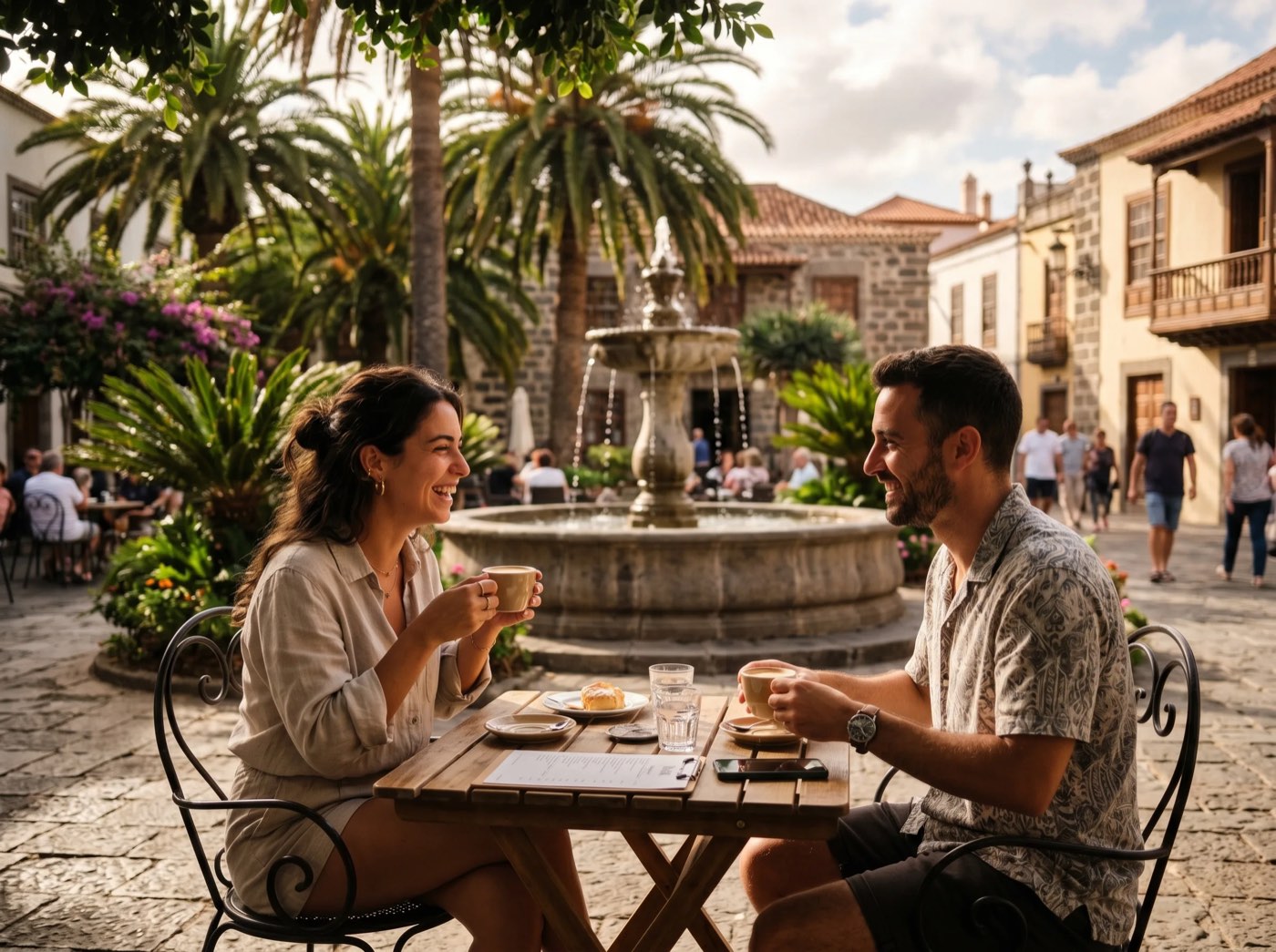 Pareja tomando café en la plaza de Güímar