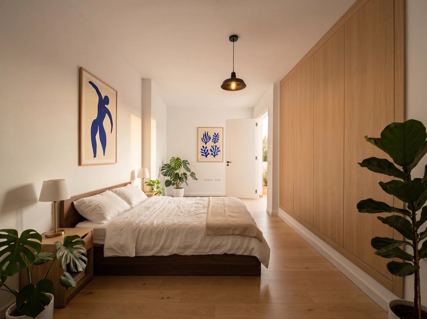 Dormitorio principal sereno con armario empotrado de madera
