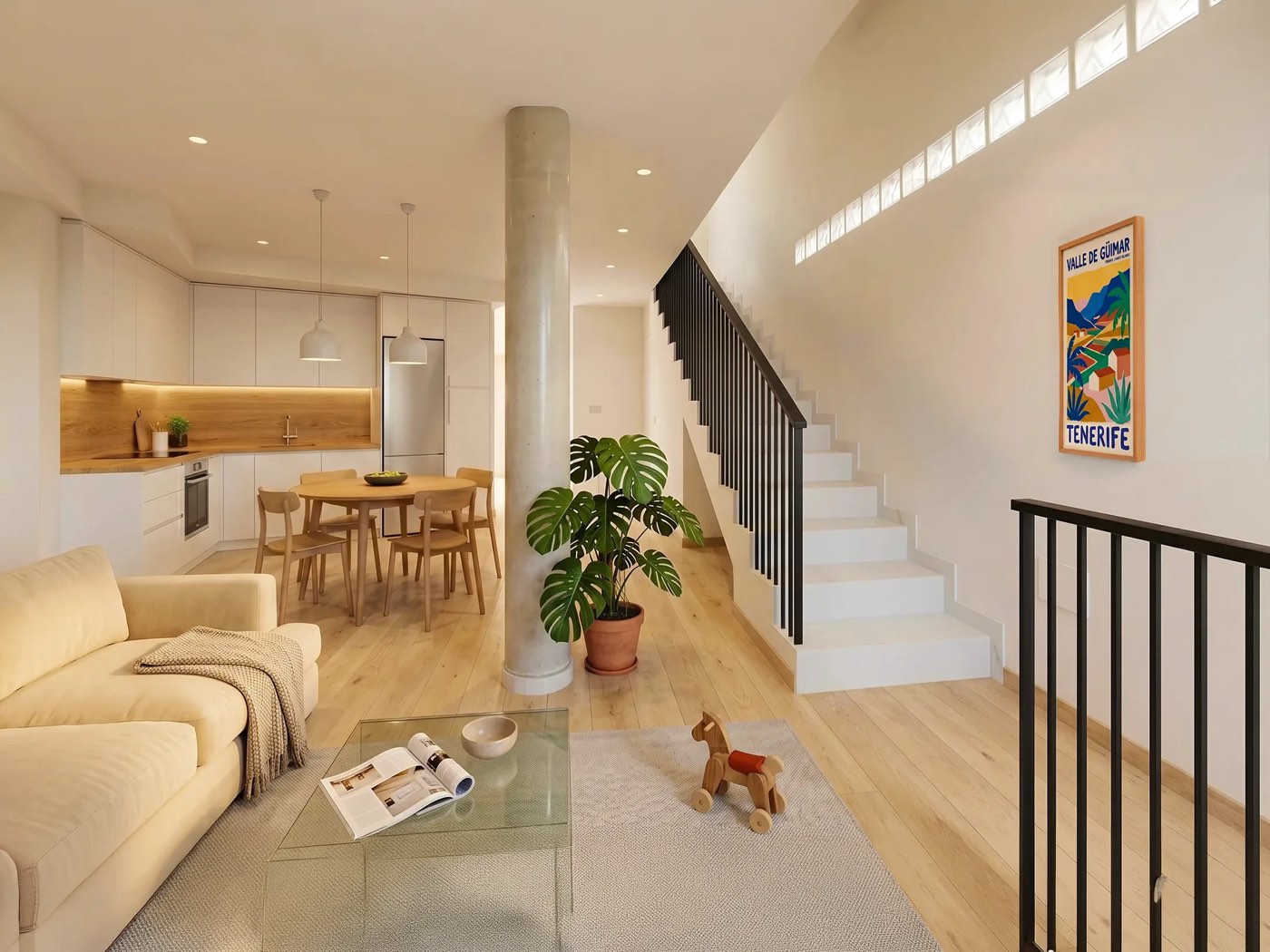 Salón y cocina abiertos del dúplex con escalera de diseño