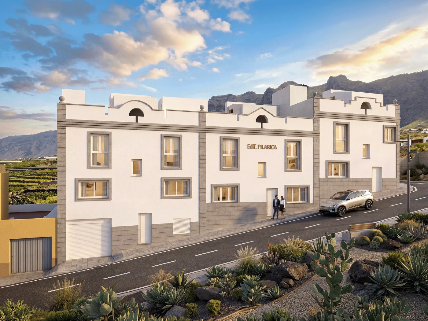 Edificio Pilarica al atardecer con vistas al valle