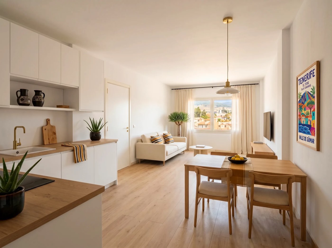 Cocina abierta al salón con vistas al valle de Güímar